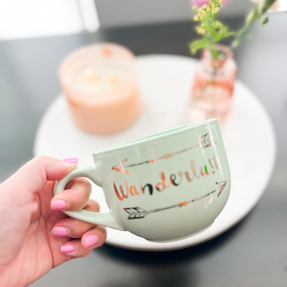 Wanderlust Coffee Mug Green Gold Arrow Boho Travel Cup